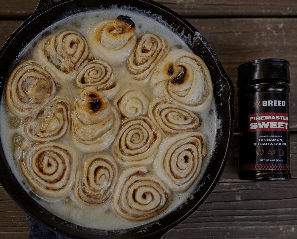 Cinnamon, Sugar & Cocoa Cinnamon Rolls cooked on a Breeo fire pit