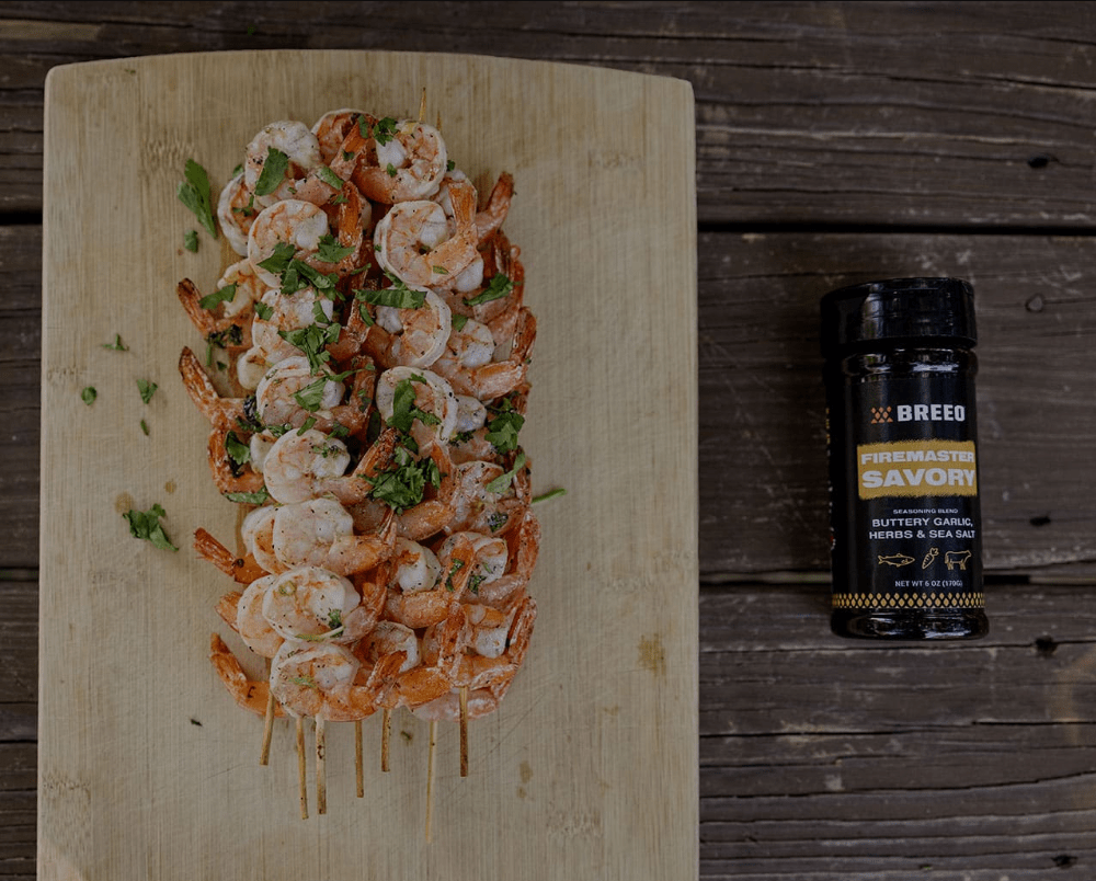 Garlic Grilled Shrimp Skewers cooked on a Breeo fire pit