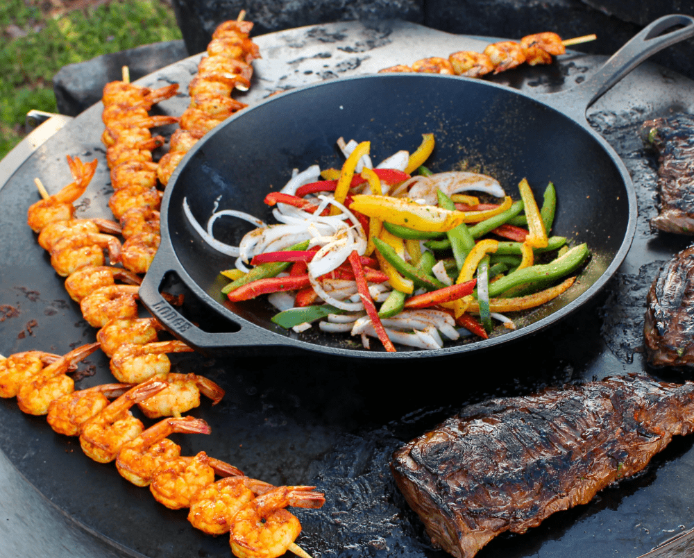 Surf and Turf Fajitas over the fire with a Breeo SearPlate Griddle