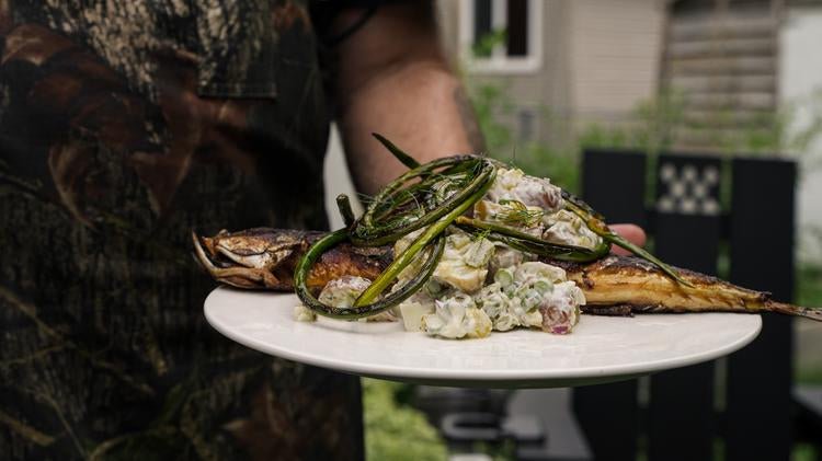 Spanish Mackerel with Potato Salad and Garlic Scapes