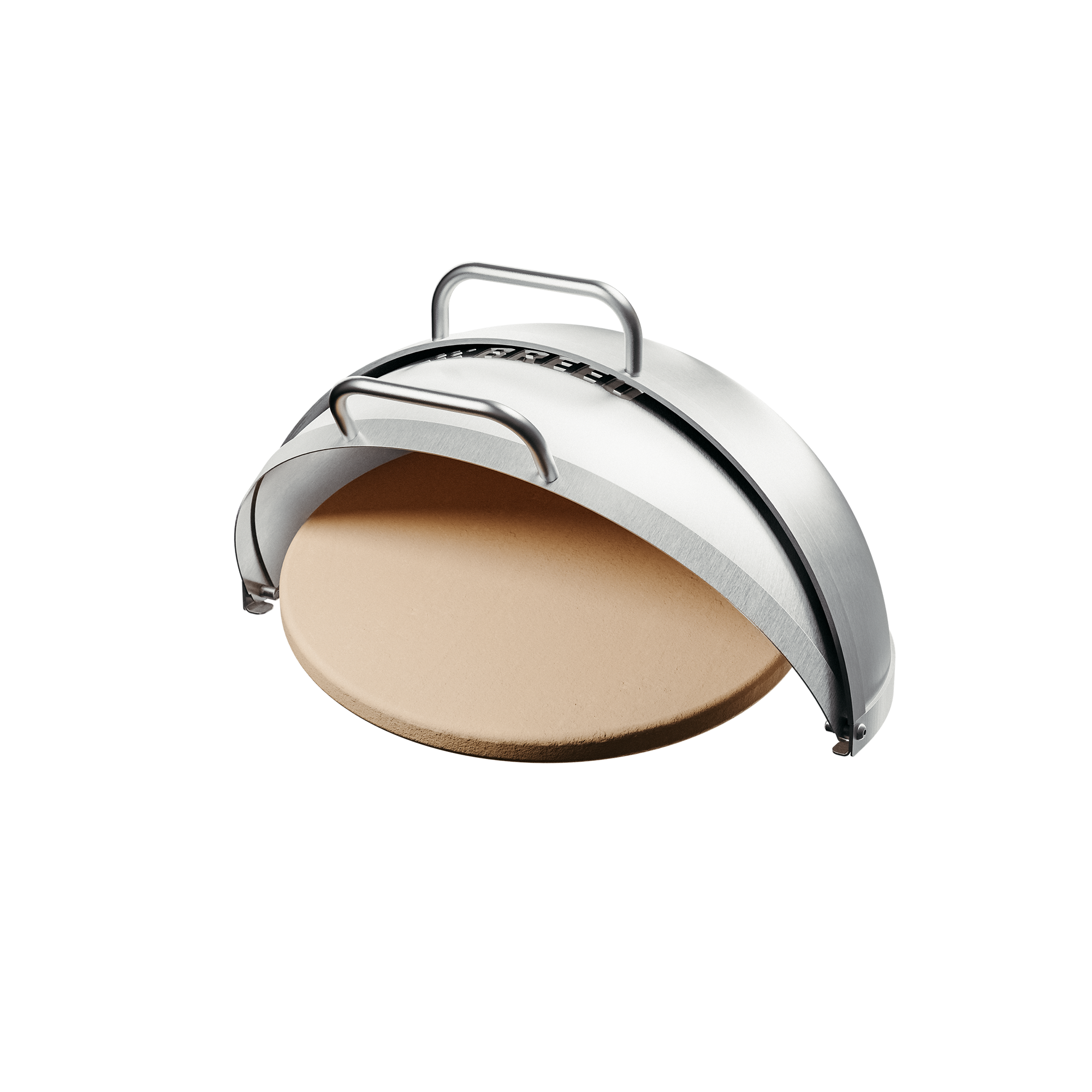 Breeo stainless steel pizza oven dome with ceramic pizza stone, designed for live-fire cooking on Breeo fire pits