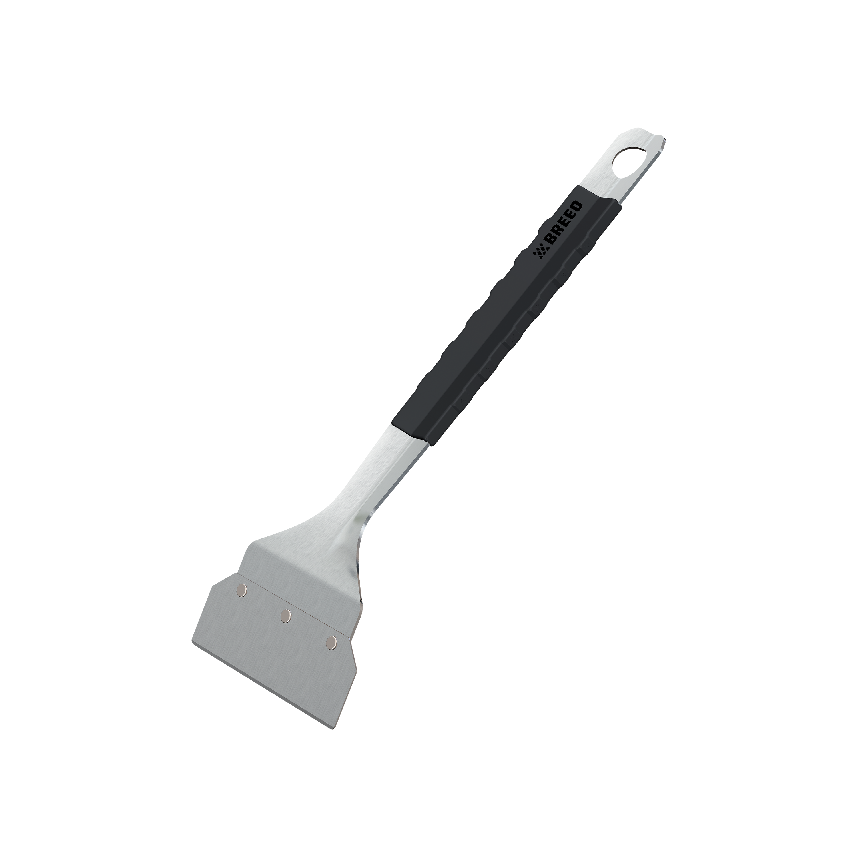 Scraper with black handle and gray blade on a white background