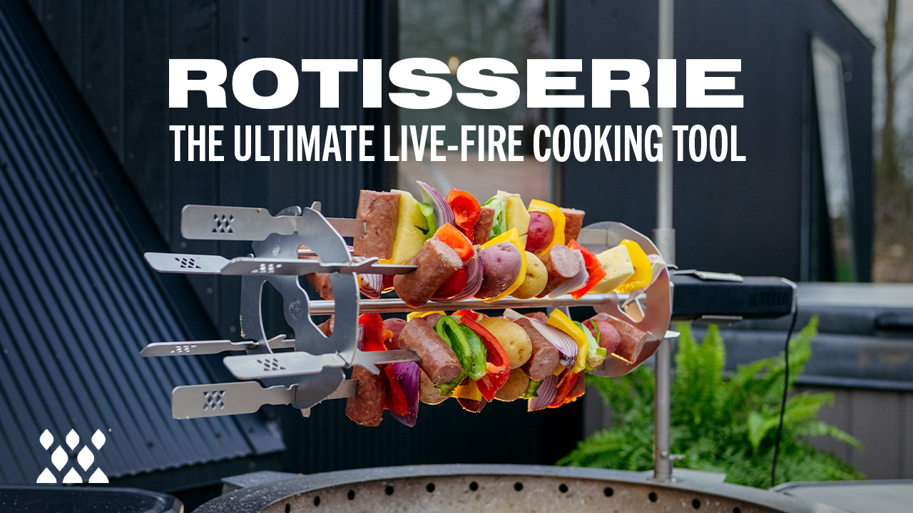 Rotisserie tool with skewered food on a grill, text 'Rotisserie: The Ultimate Live-Fire Cooking Tool' above.
