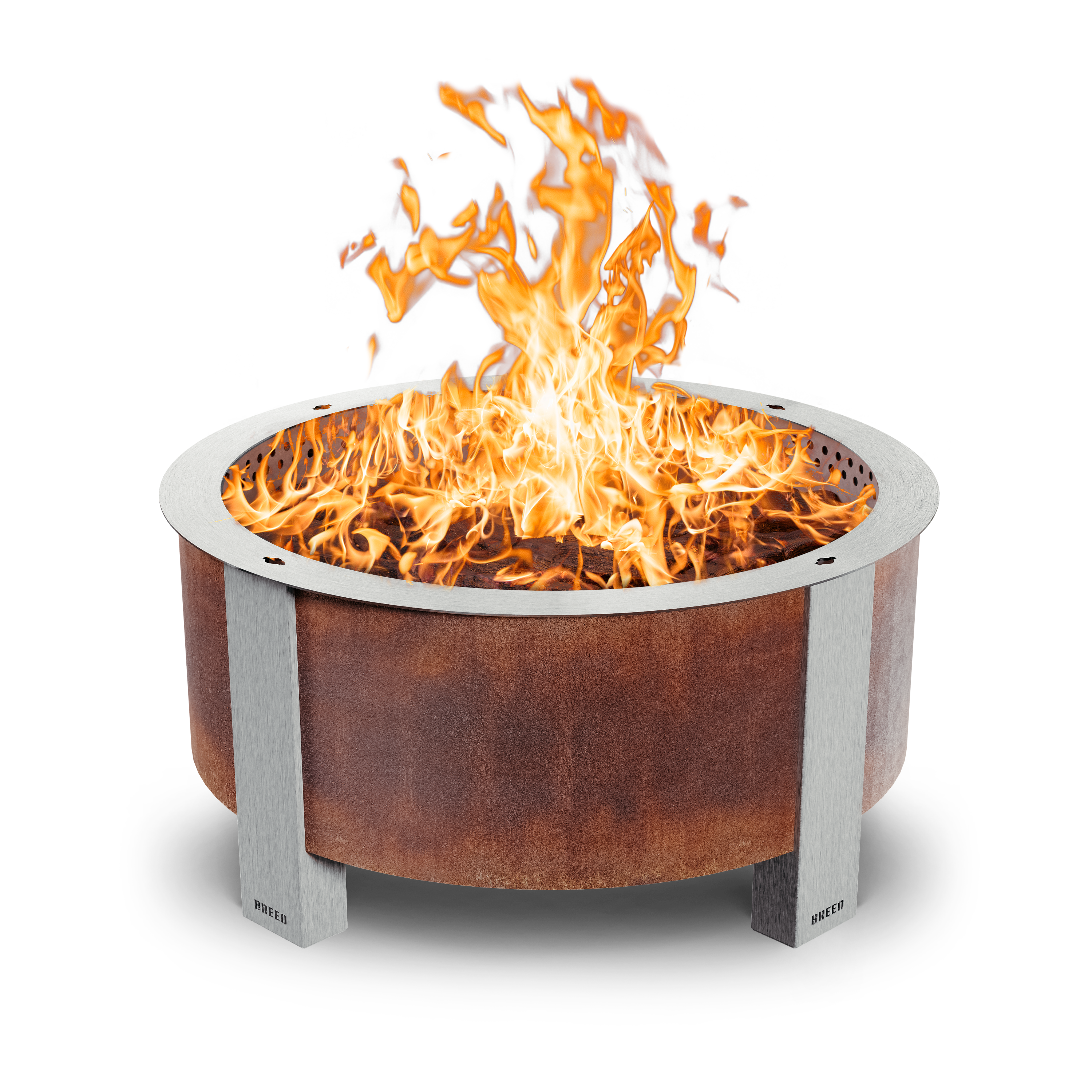 X Series Fire pit with flames corten
