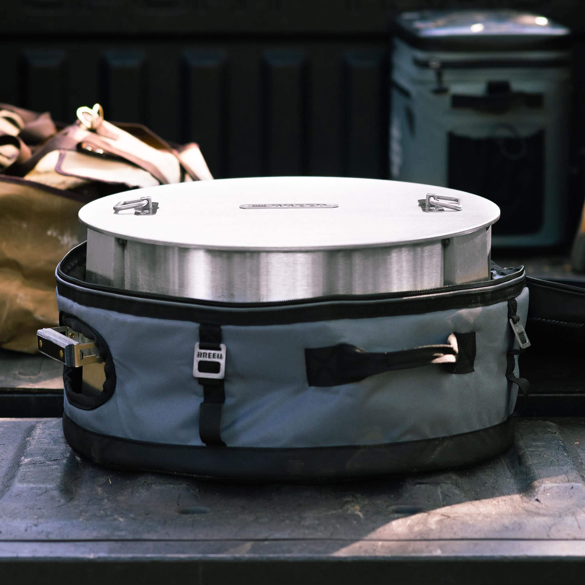 This is an image of the Y Series firepit with a Lid in a Transit Case for travel