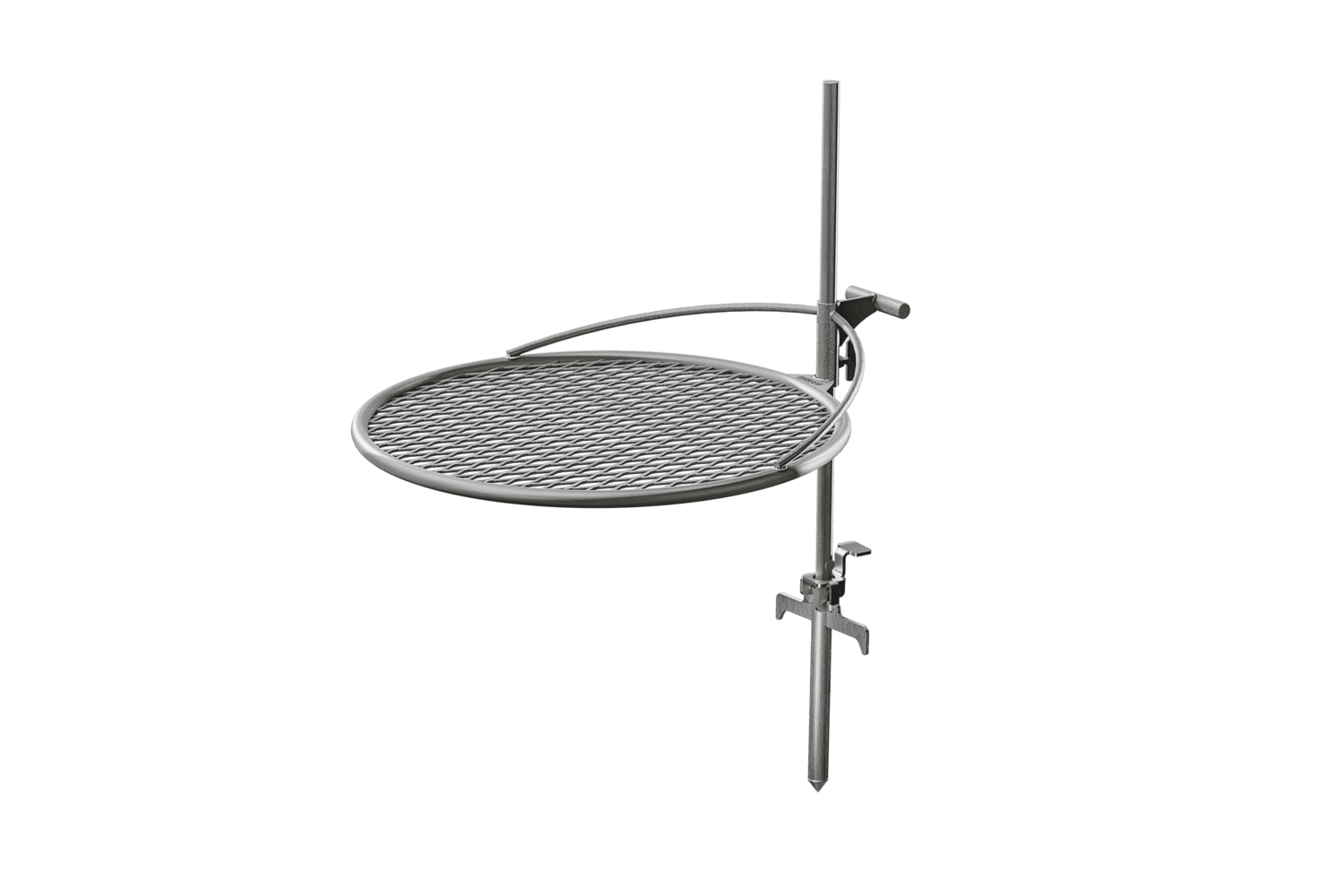 An image of the full outpost grilling system including the grate, rod, and anchorpoint.
