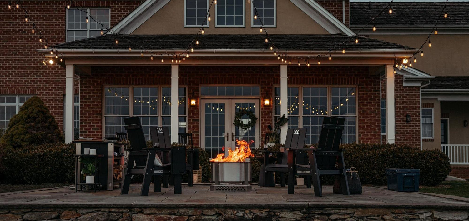 A beautiful Breeo patio setup including an X Series firepit and Fireside Furniture