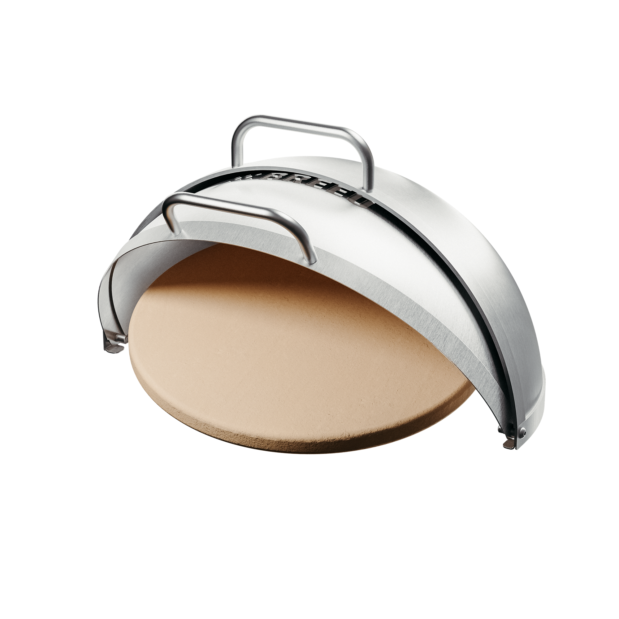 Studio image of the Breeo Dome Pizza Oven attachment for X24 fire pits, shown open to display the round ceramic pizza stone inside. The stainless steel dome includes a built-in temperature gauge and two handles for easy lifting.