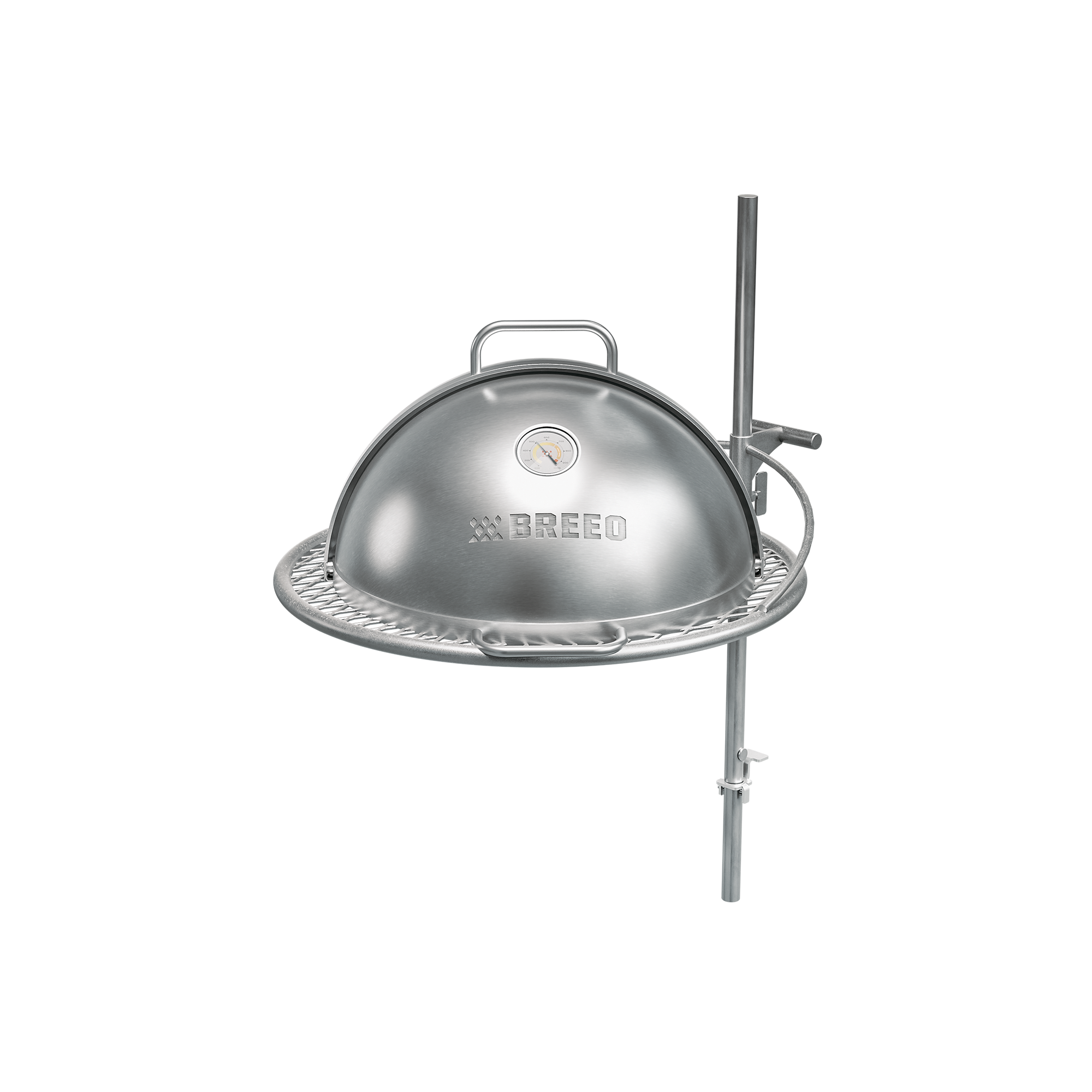 Studio image of the Breeo Dome Pizza Oven with Outpost system for X19 fire pits. The stainless steel dome features an integrated temperature gauge and Breeo logo, resting on a circular grill grate supported by the Outpost rod system.