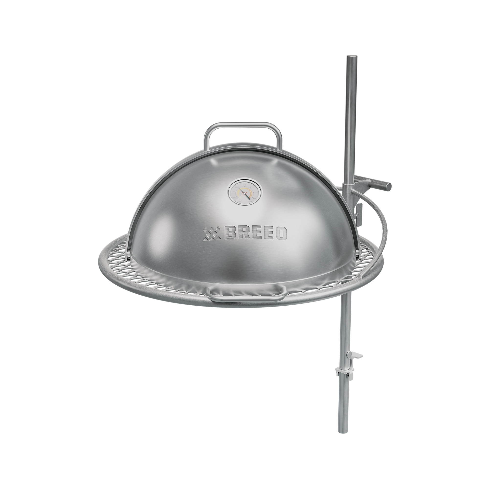 Studio image of the Breeo Dome Pizza Oven with Outpost system for X24 fire pits. The stainless steel dome is closed, featuring the Breeo logo and an integrated temperature gauge. The oven sits securely on a circular grill grate, mounted to an adjustable Outpost rod.