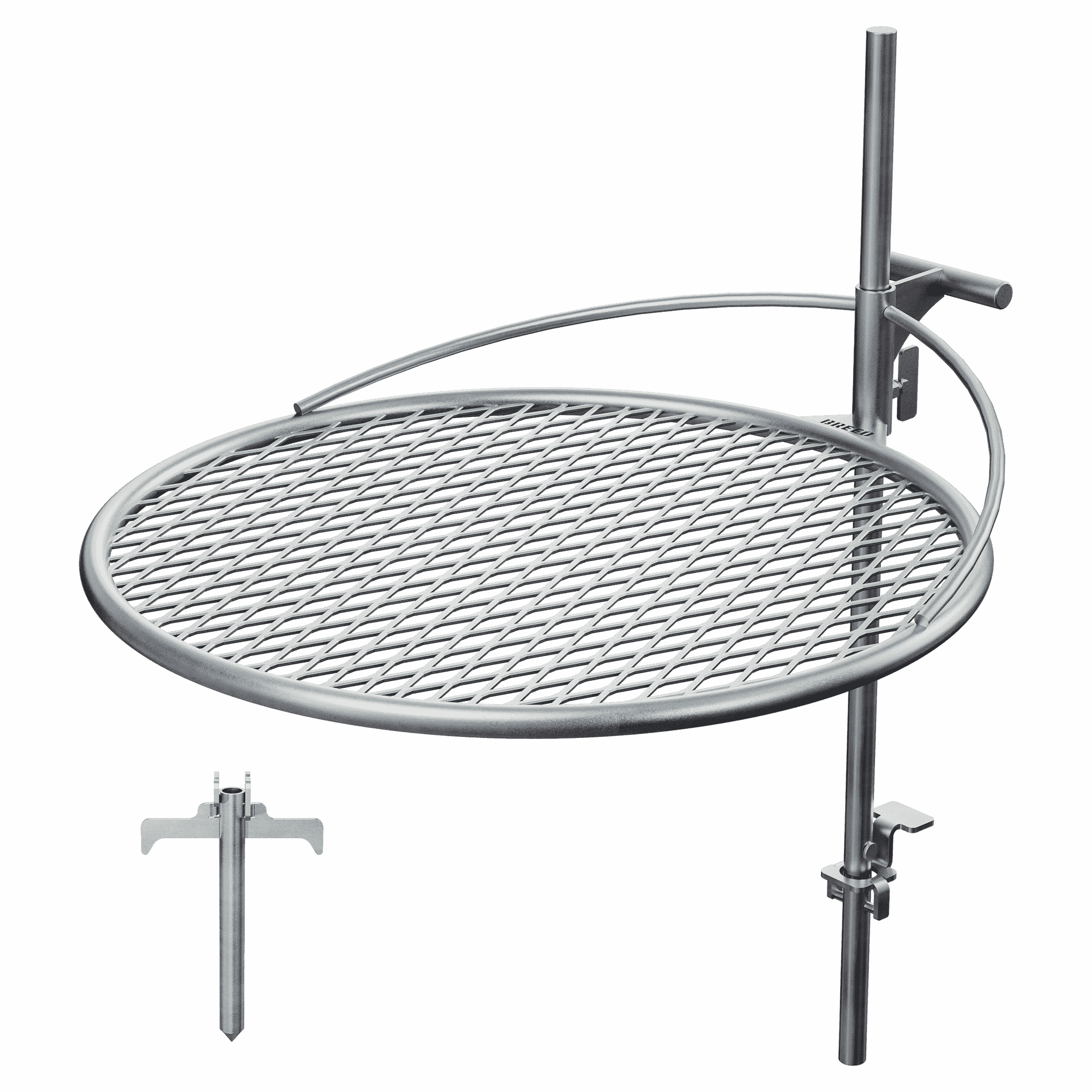 An image of the Outpost Grilling System including the grate, rod, and anchorpoint. 