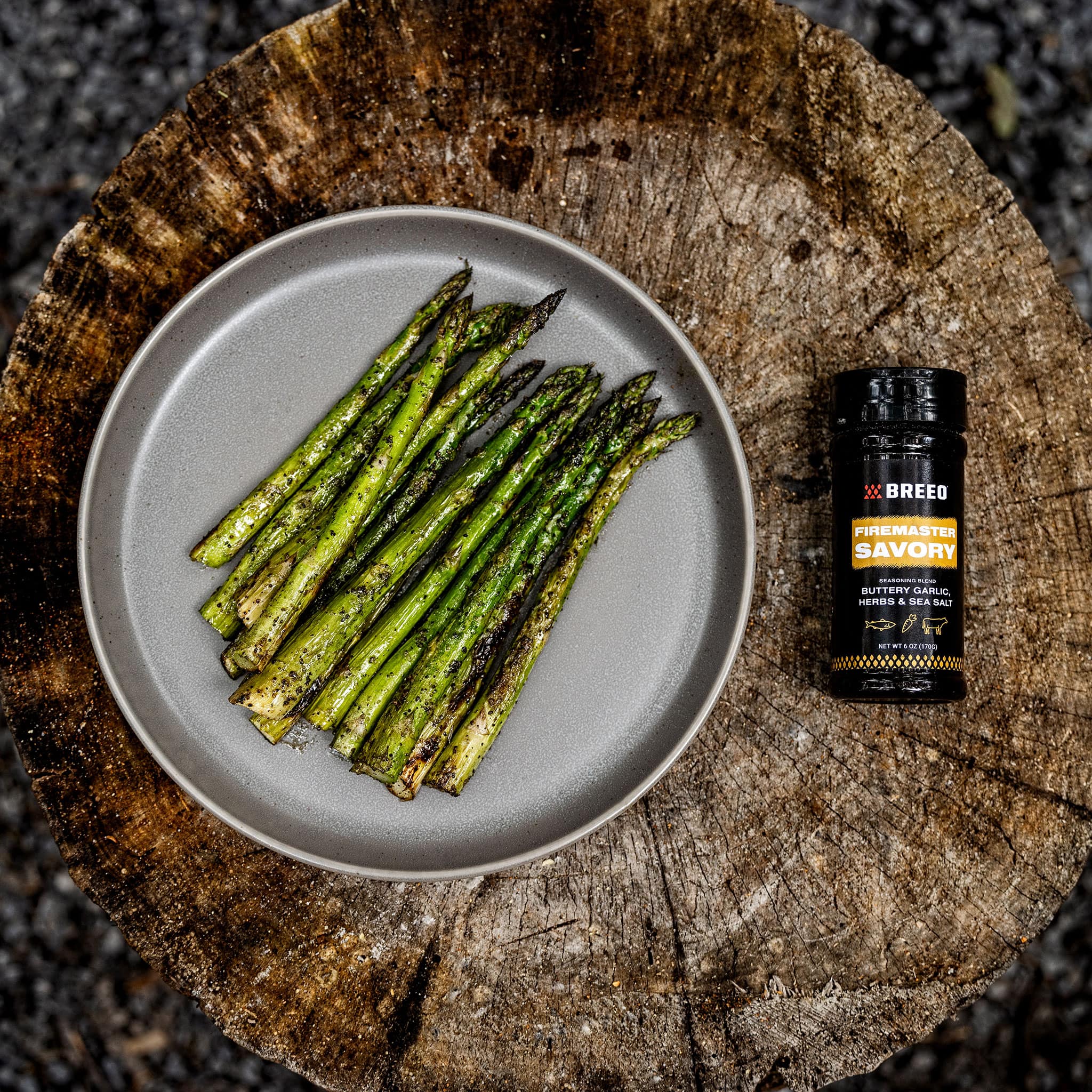 This is an image of the Breeo Firemaster Savory Seasoning used to season asparagus